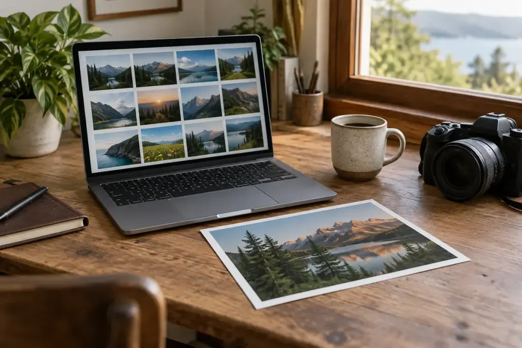 Fotografía impresa de un paisaje junto a una pantalla con miniaturas de imágenes.
