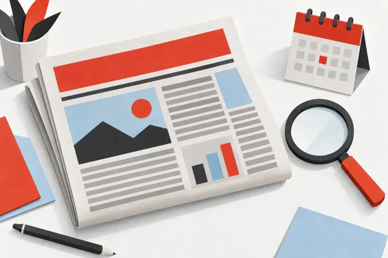 Ilustración de un periódico, un calendario y una lupa