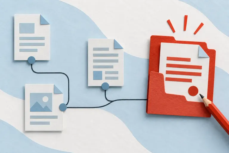 Ilustración de documentos conectados y una carpeta roja