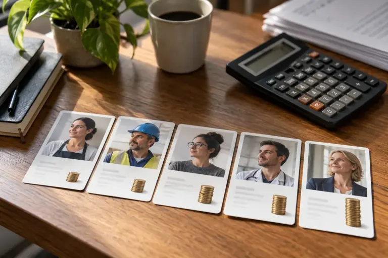 Cinco tarjetas de un ejemplo salarial junto a una calculadora.