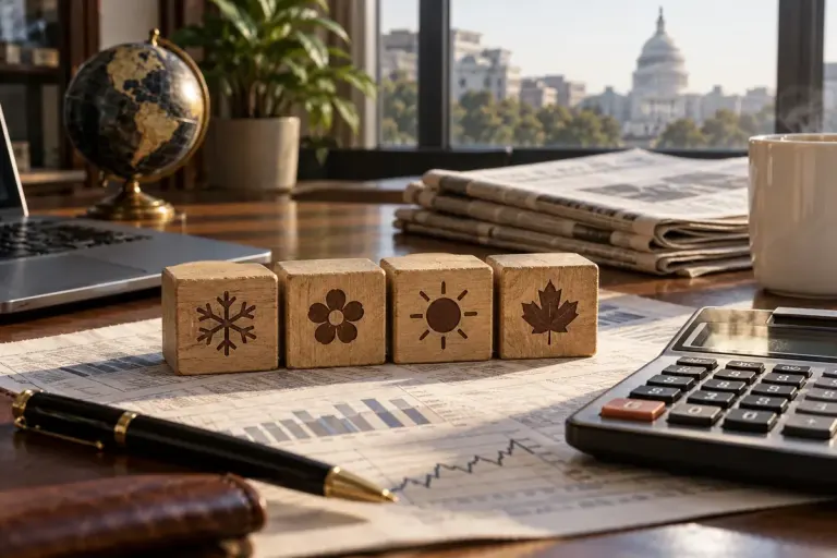 Cuatro bloques que representan trimestres junto a una calculadora.